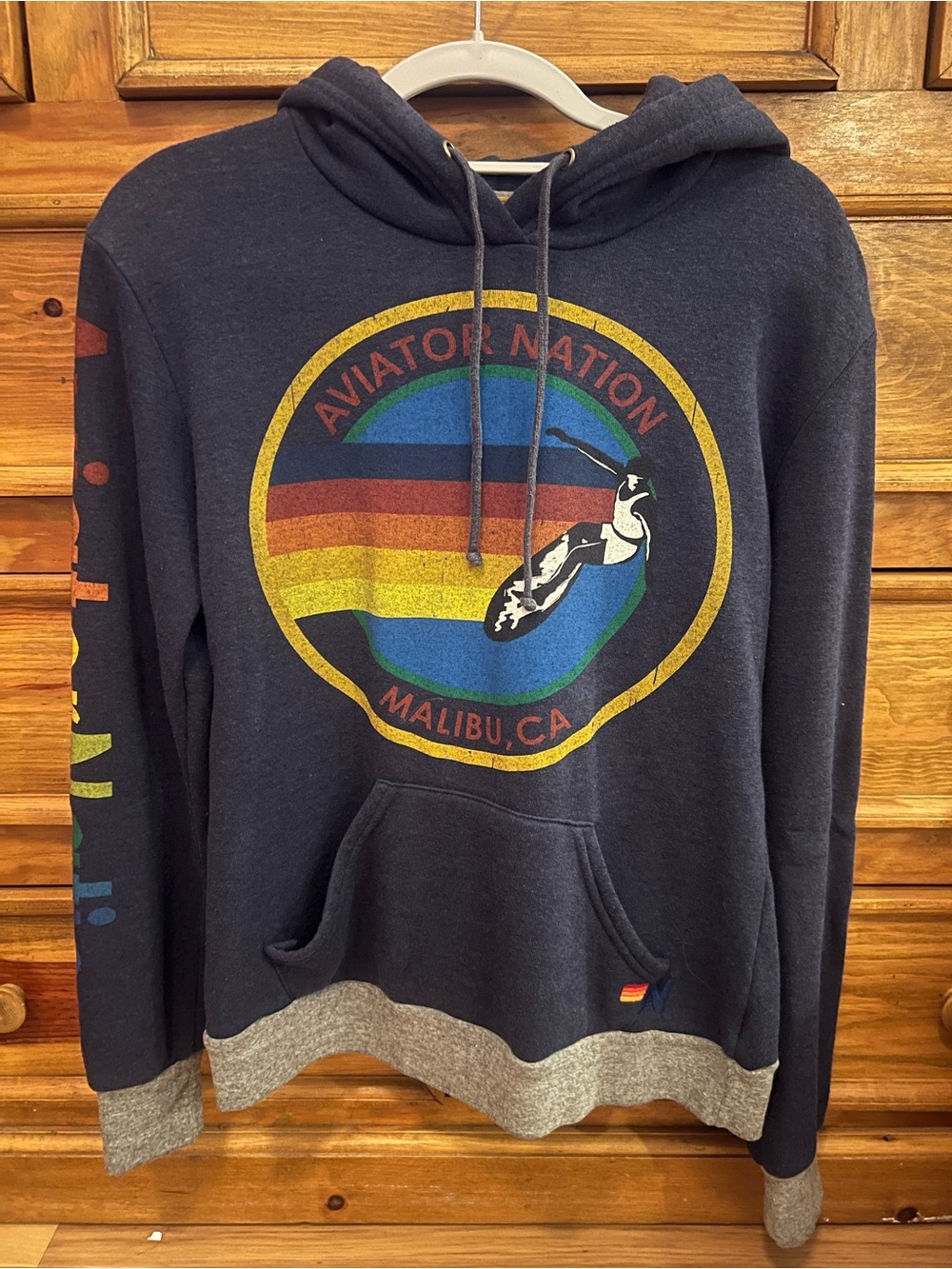 Aviator Nation Navy Hoodie with Rainbow Malibu Graphic